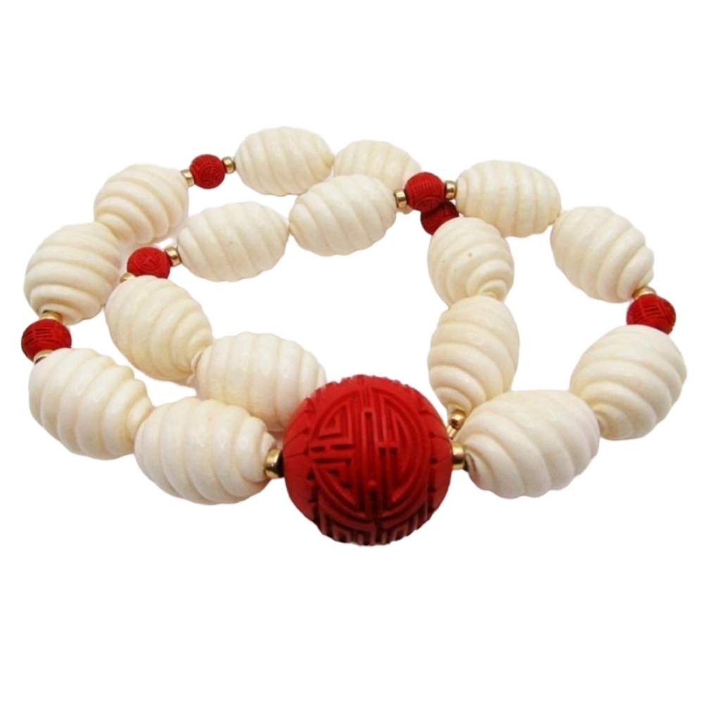 14K, Carved White Coral & Cinnabar Necklace